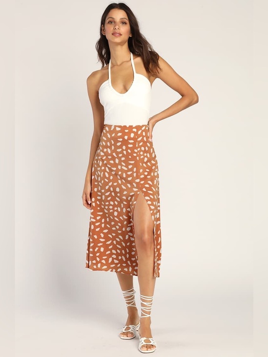 Lulus Dresses & Skirts - Lulus Getting Glam Peach Print Slit Midi Skirt Size XS NWT